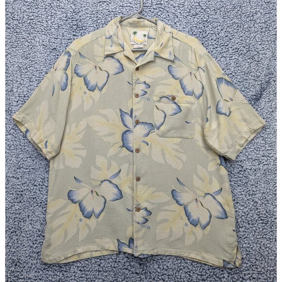 Banana Cabana 100% Silk Hawaiian Button Up Shirt Mens LG Floral Tropical Beige - Picture 1 of 10